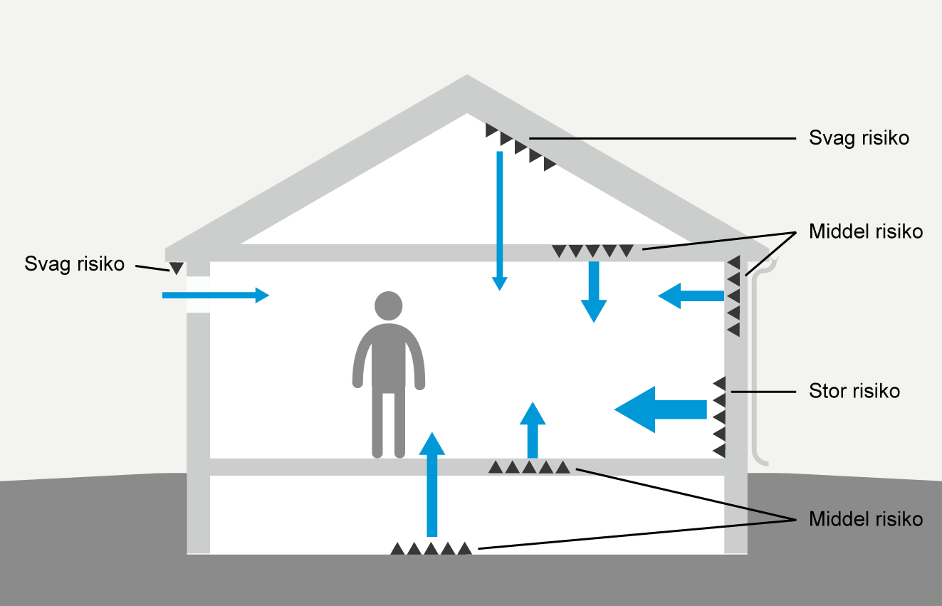 Illustration af et hus med loft, stueplan og krybekælder/kælder. Der står en person i stueplan. Pile giver eksempler på, hvor påvirkningen fra skimmelsvampe kan komme fra. SBi-anvisning 281