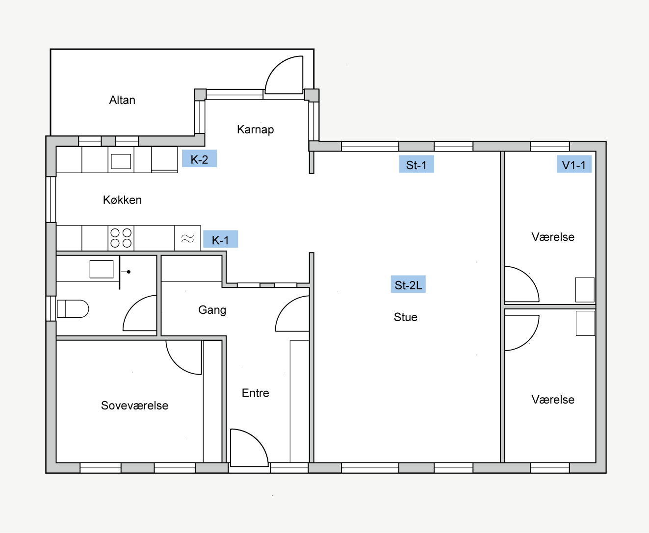 På en grundplan er der markeret steder, hvor der er taget skimmelprøver og fugtmålinger. Grundplanen bruges i kontrolplan for fugt og skimmel. SBi-anvisning 281, BUILD, Aalborg Universitet